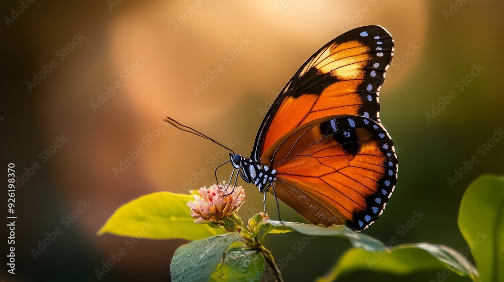 A close-up of a butterfly on a flower with a blurred background of leaves A close-up of a butterfly on a flower with a blurred background of leaves