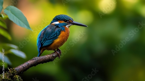  A vibrant bird sits atop a distinct tree branch, juxtaposed against a lush green branch Background subtly blurred