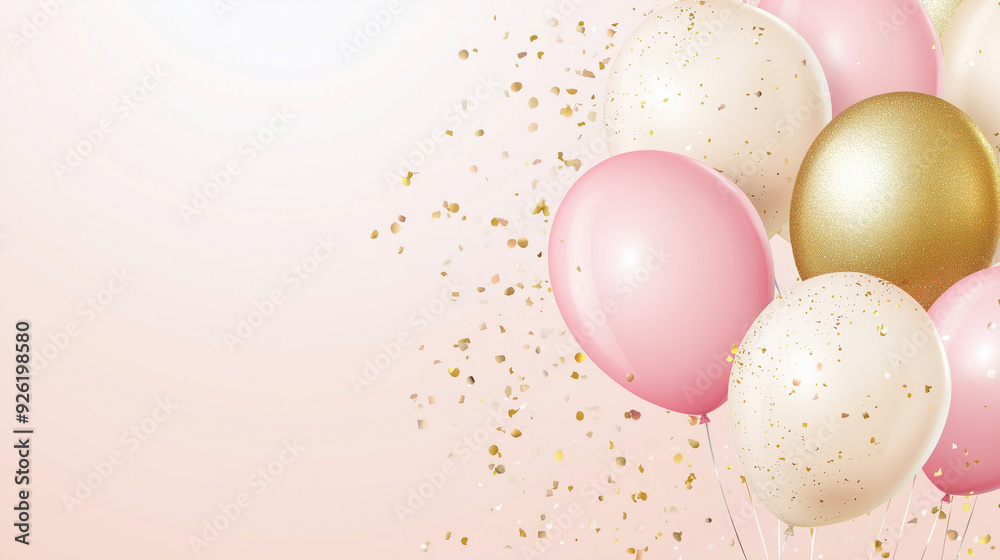 Pink and gold balloon background with confetti for a birthday party or anniversary celebration Pink and gold balloon background with confetti for a birthday party or anniversary celebration