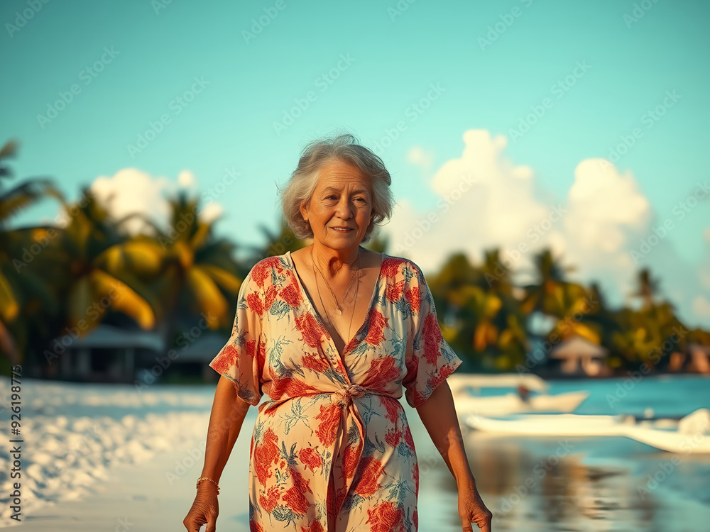 Old woman in red dress on the beach Old woman in red dress on the beach
