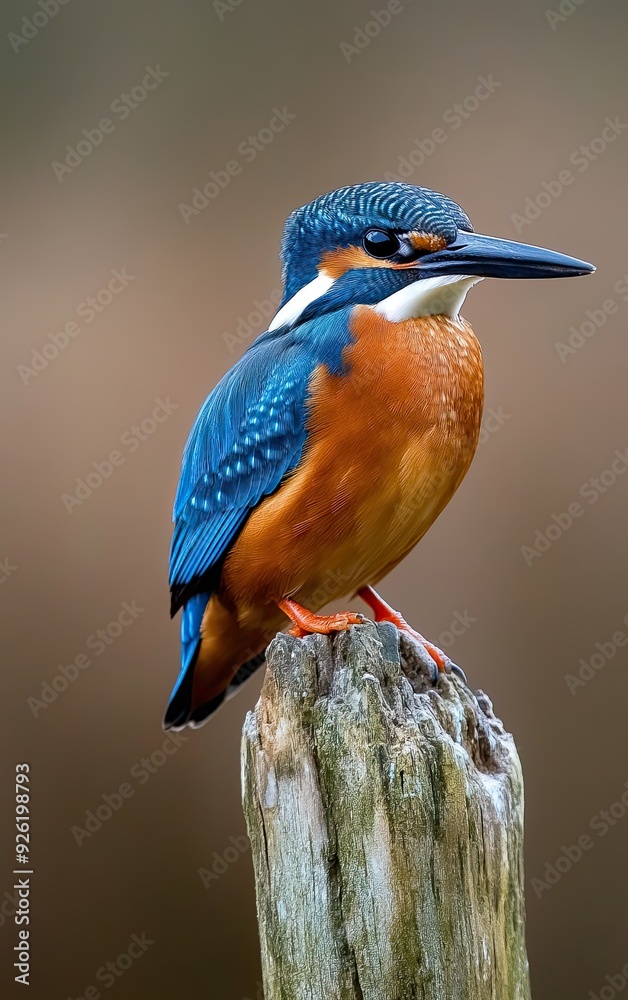 Fototapeta premium A vibrant kingfisher perched on a weathered wooden post with a soft, blurred background - AI Generated Digital Art