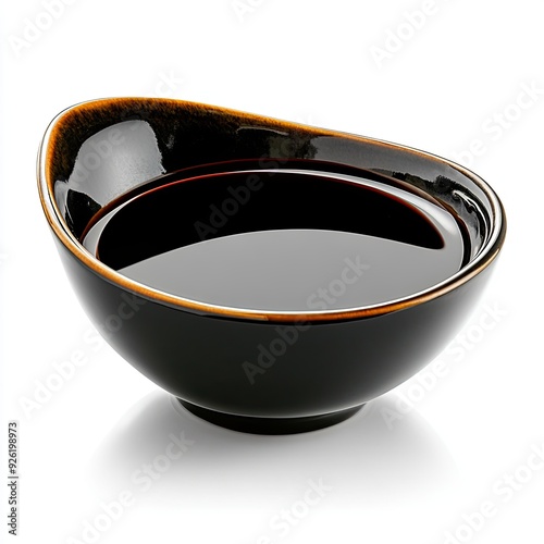 A black ceramic bowl filled with dark Oyster sauce, isolated on a white background - AI Generated Digital Art.