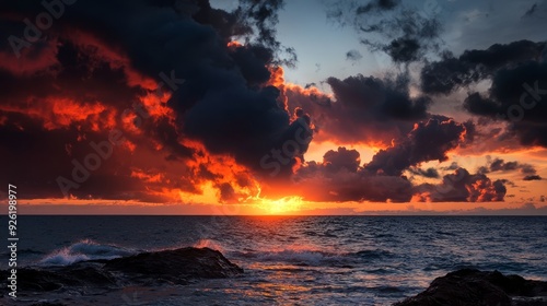  A sunset over a body of water with clouds in the sky and a rocky outcropping in the foreground