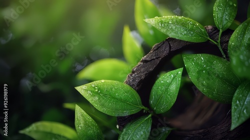  A tight shot of a green plant with dewdrops on its foliage and a softly blurred backdrop