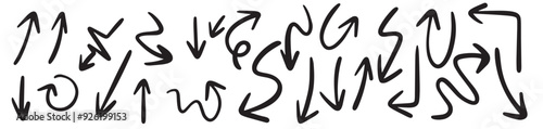 Hand drawn curve arrow icon set isolated black background doodle vector illustration.