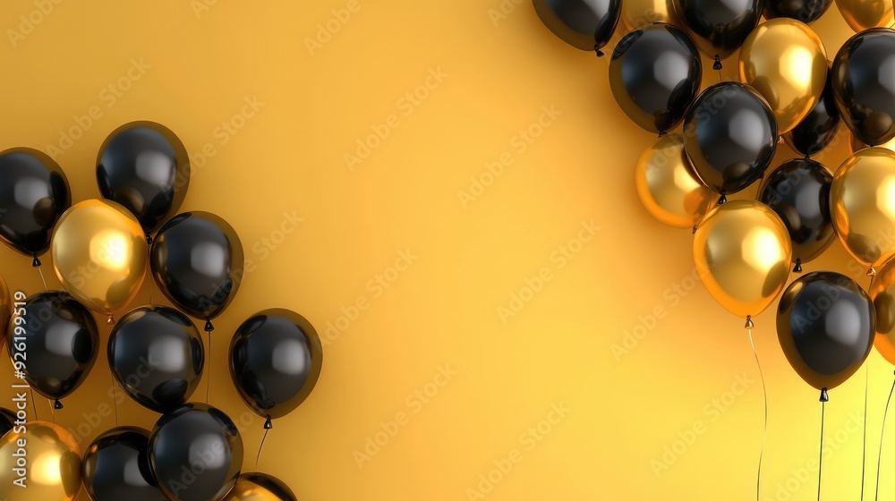 Stylish composition of gold and black balloons creating a festive atmosphere, with a large area left blank for text, ideal for event promotion. Stylish composition of gold and black balloons creating a festive atmosphere, with a large area left blank for text, ideal for event promotion.