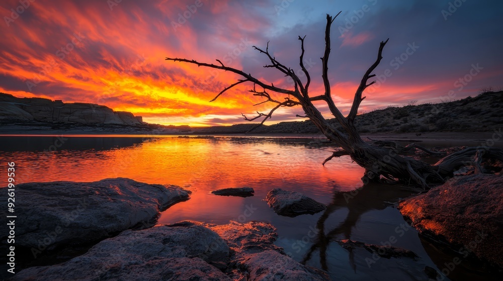 A tree atop a rocky beach, adjacent to a body of water, as a colorful sky unfolds during sunset A tree atop a rocky beach, adjacent to a body of water, as a colorful sky unfolds during sunset
