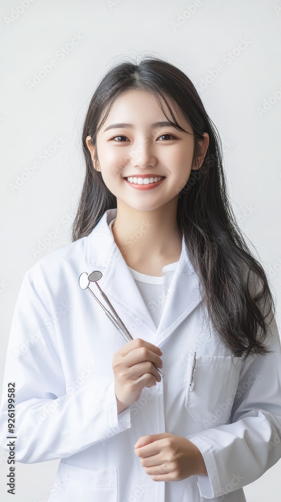 A cheerful young dentist poses confidently with dental instruments in her hand A cheerful young dentist poses confidently with dental instruments in her hand