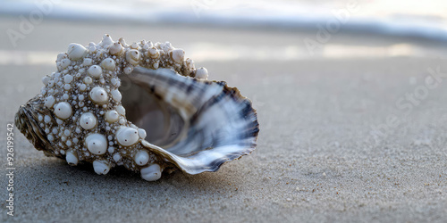 Closeup an oyster shell covered in barnacles on the beach photo