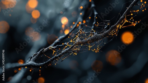  A tree branch in focus, adorned with yellow lights; background features indistinctly lit, yellow and blurred lights photo