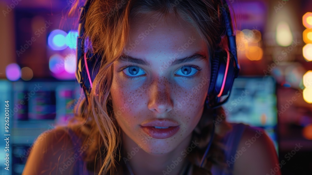 Young gamer focused on gameplay in a neon-lit room during the evening Young gamer focused on gameplay in a neon-lit room during the evening