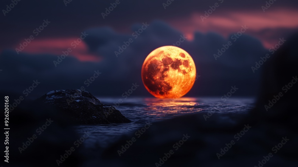 A full moon rises over a tranquil body of water, dotted with foreground rocks, and is framed by ominous background clouds A full moon rises over a tranquil body of water, dotted with foreground rocks, and is framed by ominous background clouds