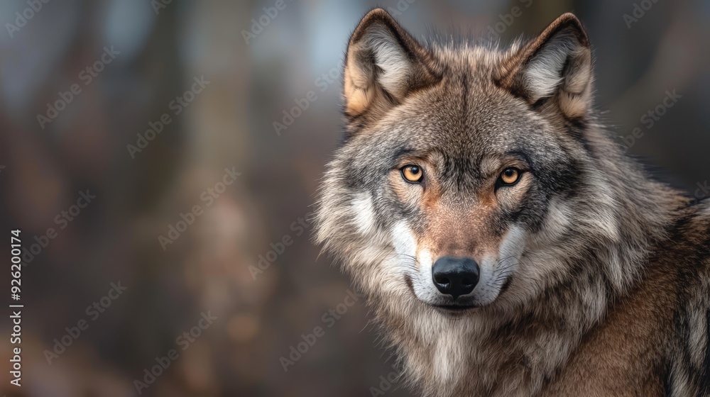 A tight shot of a wolf's expressive face against a softly blurred backdrop of trees A tight shot of a wolf's expressive face against a softly blurred backdrop of trees