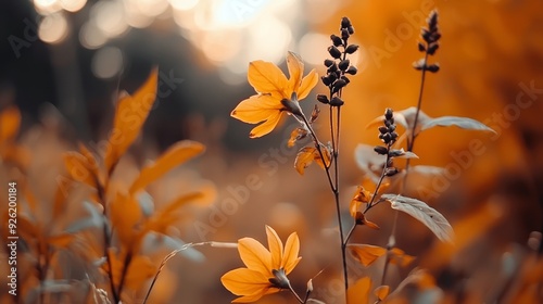  A tight shot of a plant displaying yellow blooms in the foreground, while the background softly blurs