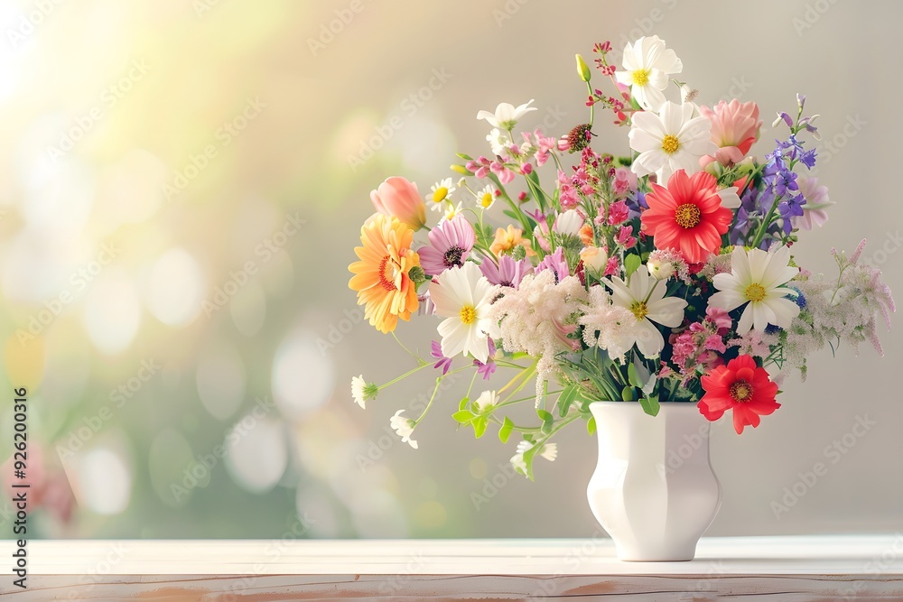 white vase with colorful flowers on the table against a light background white vase with colorful flowers on the table against a light background