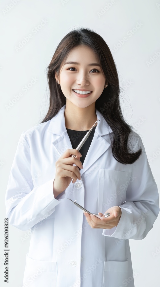 A cheerful healthcare worker stands with a pen and clipboard, ready to assist in a clinical environment A cheerful healthcare worker stands with a pen and clipboard, ready to assist in a clinical environment