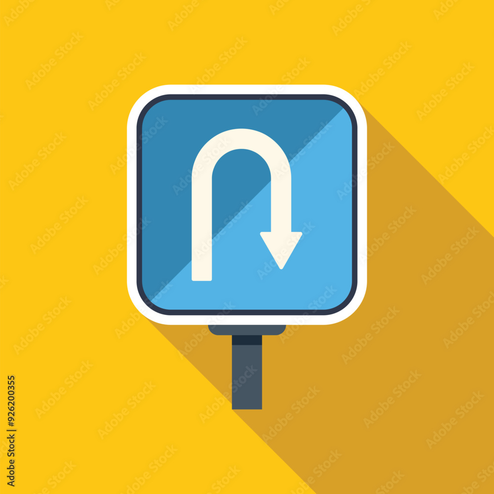 Blue square u turn sign casting a long shadow on a yellow background