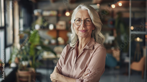 Smiling confident old senior businesswoman against blurry office in background