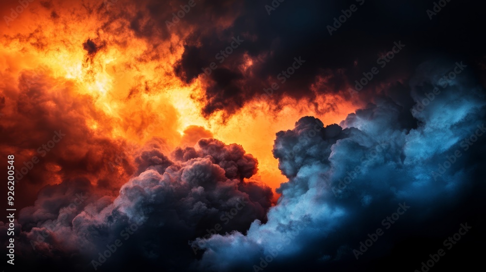 A black backdrop hosts a constellation of clouds, with an orange-blue one taking center stage in the mid-sky A black backdrop hosts a constellation of clouds, with an orange-blue one taking center stage in the mid-sky