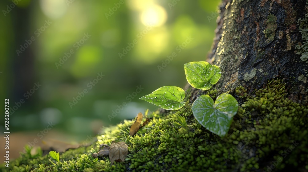 A tight shot of a moss-covered tree trunk, hosting a plant with foliage at its peak A tight shot of a moss-covered tree trunk, hosting a plant with foliage at its peak