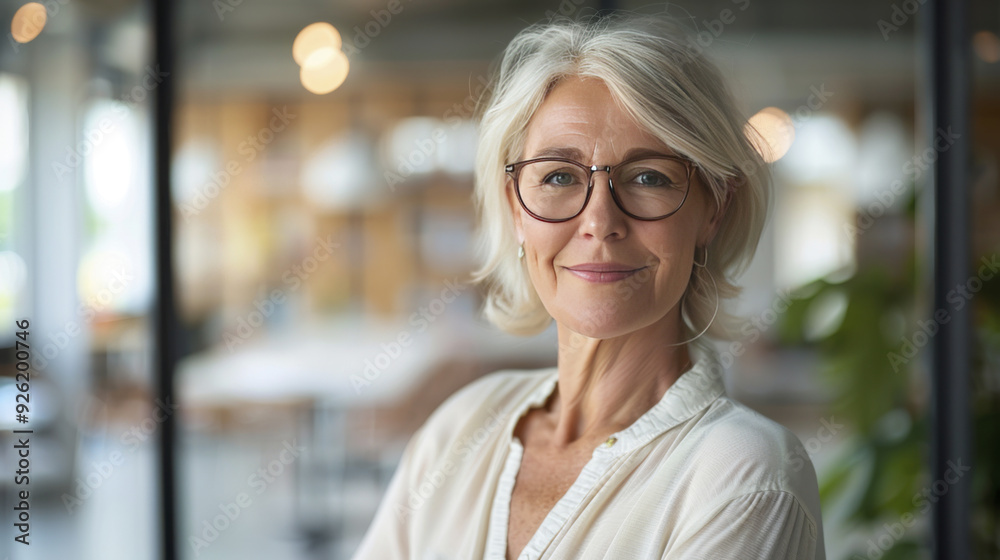 Smiling confident old senior businesswoman against blurry office in background Smiling confident old senior businesswoman against blurry office in background