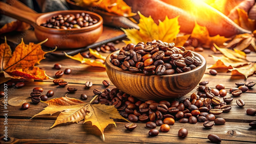 Autumnal themed still life of artisanal coffee beans nestled among fallen leaves and rustic wooden twigs with warm golden afternoon light Autumnal themed still life of artisanal coffee beans nestled among fallen leaves and rustic wooden twigs with warm golden afternoon light