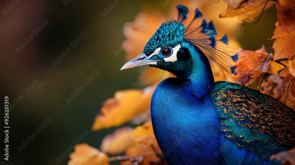 A tight shot of a blue bird, its head adorned with feathers, against a backdrop of a tree lush with leaves A tight shot of a blue bird, its head adorned with feathers, against a backdrop of a tree lush with leaves