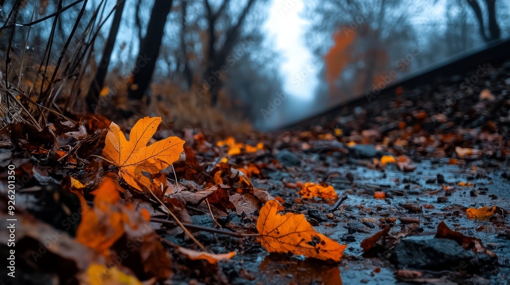 A collection of leaves scattered on the forest floor beneath a misty woodland landscape and foggy backdrop A collection of leaves scattered on the forest floor beneath a misty woodland landscape and foggy backdrop