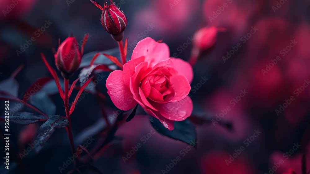 A pink rose, tightly focused, adorns a branch with water droplets glistening on its petals Background softly blurred A pink rose, tightly focused, adorns a branch with water droplets glistening on its petals Background softly blurred