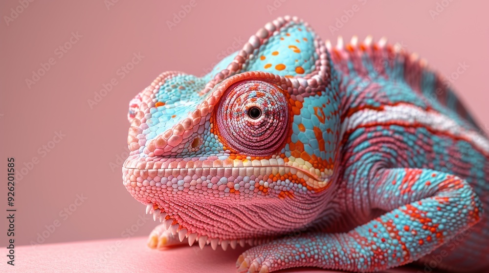 A vibrant chameleon perched on a pink surface showcasing its colorful skin patterns in a close-up view A vibrant chameleon perched on a pink surface showcasing its colorful skin patterns in a close-up view