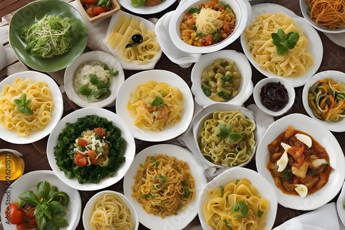 Wonderfull photo of food in the restaurant, table top view of pasta food.