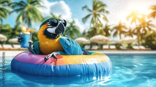 Blue parrot with black sunglasses lying on a inflatable colorfull ring in a clear swimming pool, holding in wing a beach coctailwith palm trees and sun loungers in the beach