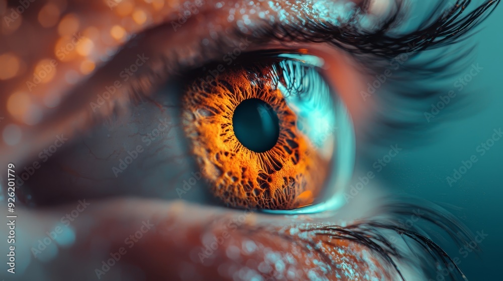 A tight shot of an eye, featuring an vibrant orange iris at its core A tight shot of an eye, featuring an vibrant orange iris at its core