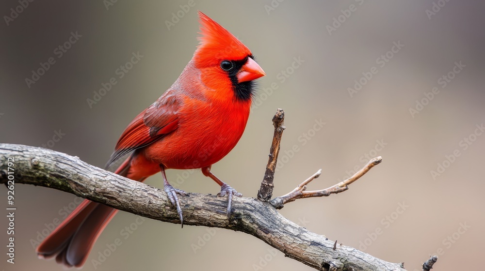 A red bird perches on a tree branch, adjacent to another with a protruding twig A red bird perches on a tree branch, adjacent to another with a protruding twig