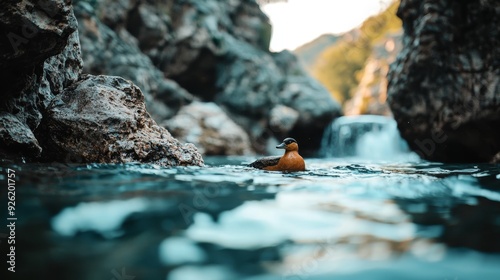  A duck atop tranquil water, surrounded by a waterfall's backdrop and strewn rocks photo