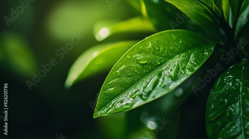  A tight shot of a damp green leaf with water beads, background softly blurred