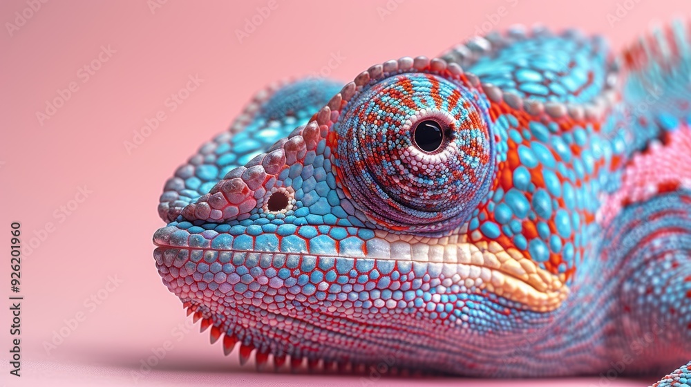 Fototapeta premium Colorful chameleon resting on a pastel backdrop showcasing vibrant scales and intricate patterns