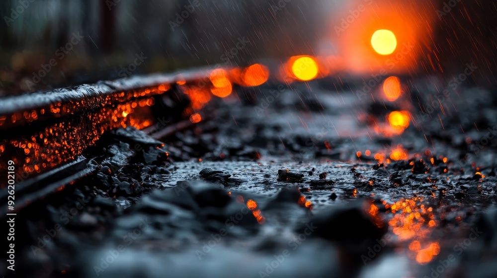 A tight shot of a rain-soaked bench with a street light casting a warm glow behind it, raindrops scattered on the ground A tight shot of a rain-soaked bench with a street light casting a warm glow behind it, raindrops scattered on the ground