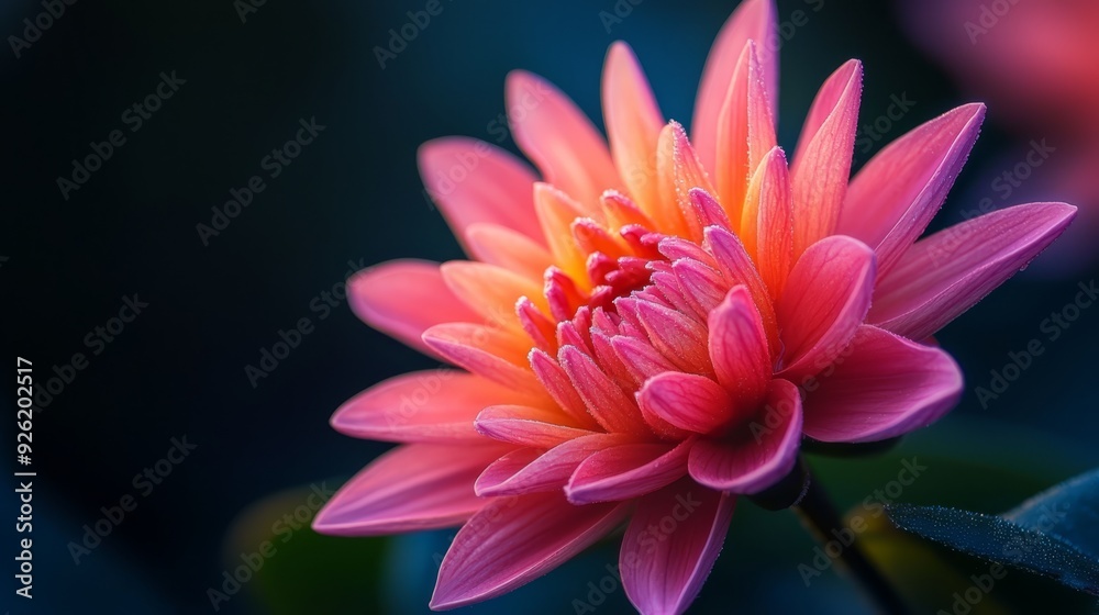 A tight shot of a pink bloom atop a green stem in the foreground against a blue backdrop A tight shot of a pink bloom atop a green stem in the foreground against a blue backdrop