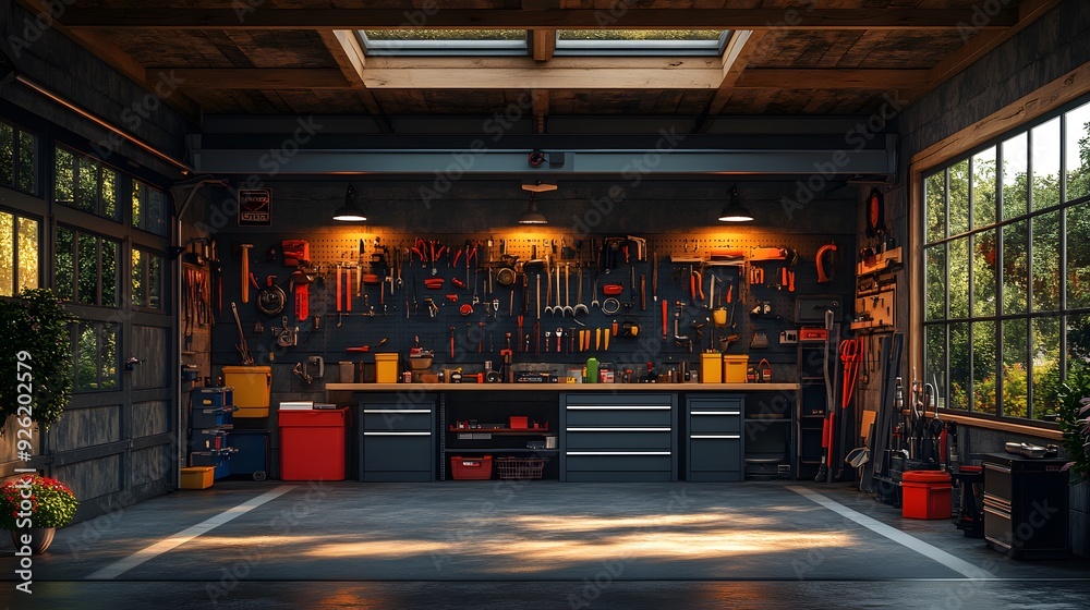 Modern home garage with tool racks, organized and clean, captured in realistic high-quality detail, ideal for showcasing storage efficiency. Modern home garage with tool racks, organized and clean, captured in realistic high-quality detail, ideal for showcasing storage efficiency.