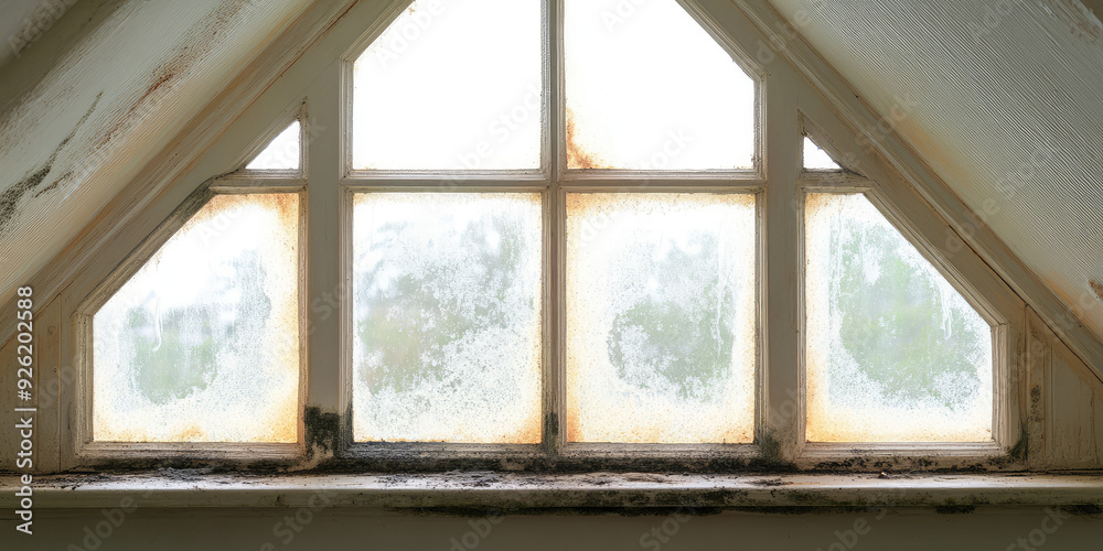 Obraz premium Extensive mold growth on window and slopes, mildew on window, damp, fungus