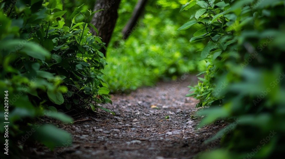 A winding path through the forest, flanked by lush greenery on each side, and bordered by trees beyond A winding path through the forest, flanked by lush greenery on each side, and bordered by trees beyond