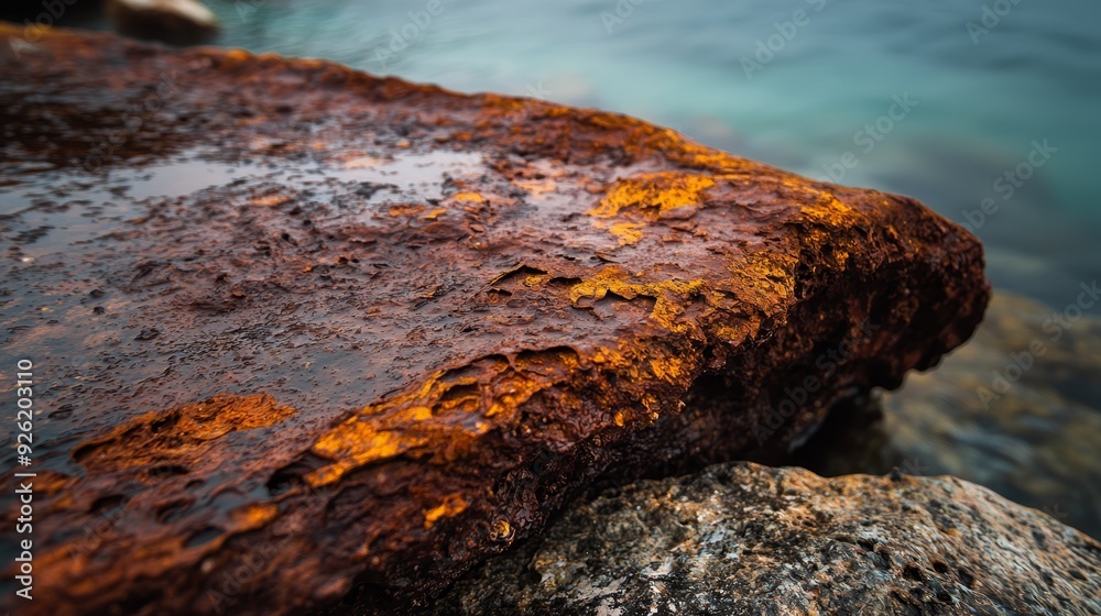 A rusted metal piece atop a rock, near a tranquil body of water Background includes a boat A rusted metal piece atop a rock, near a tranquil body of water Background includes a boat