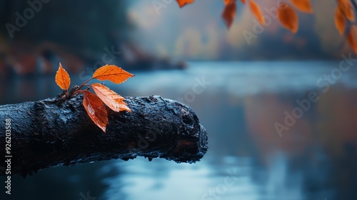  A tight shot of a leafy branch overhanging a body of water, with trees framing the foreground photo