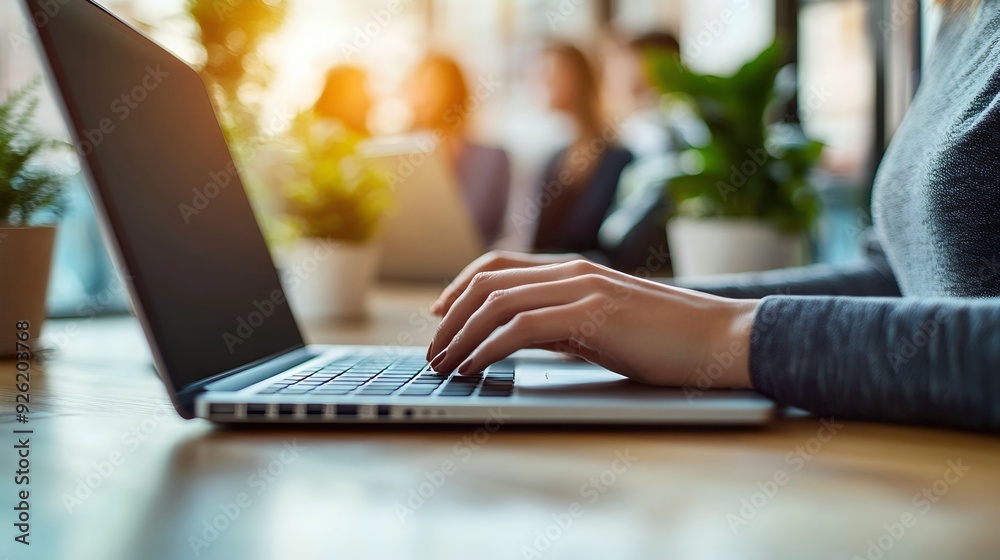 Fototapeta premium Serene Home Office Setup with Professional Female Entrepreneur Using Laptop for Video Conferencing with Blurred Global Team, Effective Remote Hiring Strategy, Ample Copy Space, Soft Natural Light, Hig