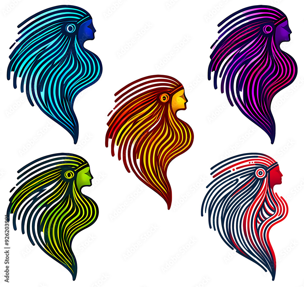 Obraz premium Abstract colorful line art silhouettes tribal illustrations. bold wavy headdress graphics. 