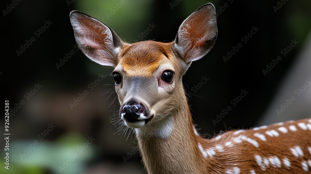 A tight shot of a deer's face with a blurred background behind and in front A tight shot of a deer's face with a blurred background behind and in front