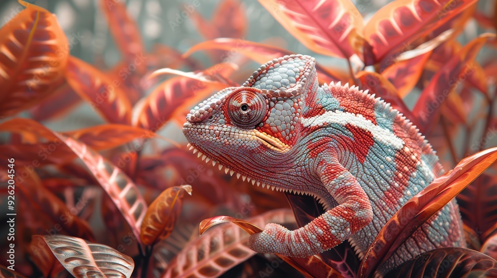Obraz premium Colorful chameleon resting among vibrant red and orange foliage in a lush forest setting