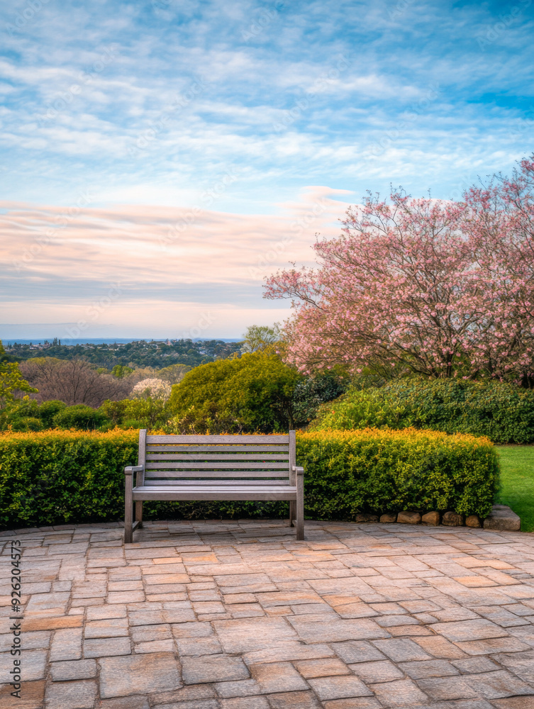 Calm and serene garden with ample copyspace, colorful skies and vegetation. Property outdoors conceptual image for reflection and relaxation. Calm and serene garden with ample copyspace, colorful skies and vegetation. Property outdoors conceptual image for reflection and relaxation.