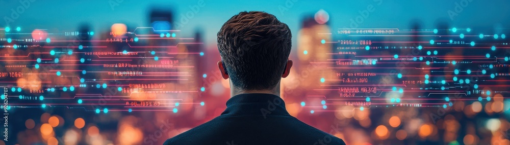 A person gazes at a vibrant cityscape, surrounded by digital data, symbolizing technology and modern innovation. A person gazes at a vibrant cityscape, surrounded by digital data, symbolizing technology and modern innovation.